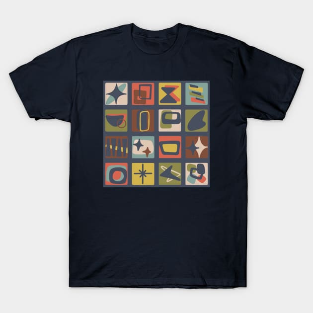 Mid Century Modern Patches in Muted Jewel Tones T-Shirt by Slightly Unhinged